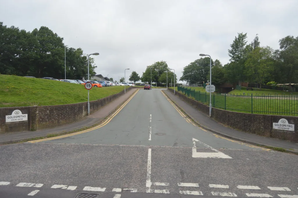 The entrance to Goldsmiths Leisure Centre, with the recreation ground on the right.