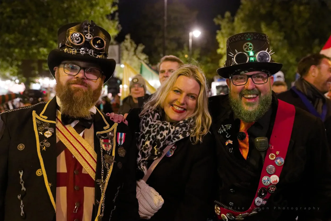 Mims Davies MP with two men in steampunk costume at East Grinstead Community Bonfire